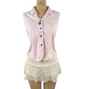 Preppy Sleeveless Button Up Tie Back Pink Top Academia Classic Sz L Coquette